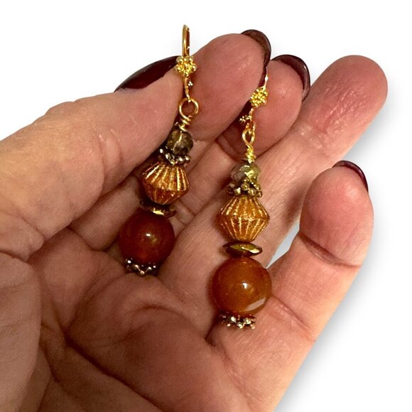 Natural Carnelian Earrings Tangerine Swirl Czech Glass 14KT Gold Plated NWT - Picture 3 of 12